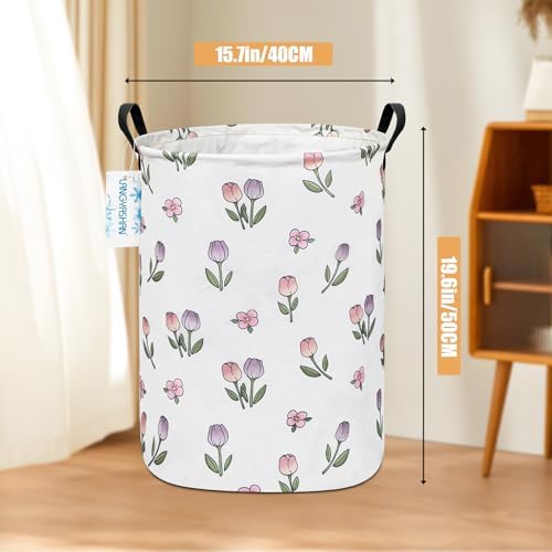 Round Laundry Basket Collapsible Storage Hamper Organizer Romantic Tulip - Image 2