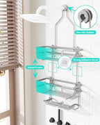 HapiRm Bathroom Hanging Shower Caddy - Rustproof Shower Shelf with 12 Hooks and 2 Soap Holders, No Drilling Bathroom Organizers and Storage - Silver - Image 3