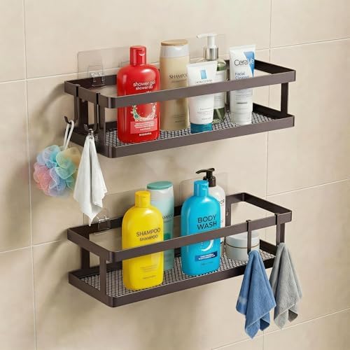 PUSDON 2-Pack Minimalist Shower Caddy Wall Mount, Open Frame Bathroom Shelf Organizer with Mesh Base, Rustproof Floating Spice Rack for Kitchen, Holds 50 LBS, 4 Hooks - Vintage Bronze, Guardrail - Image 2