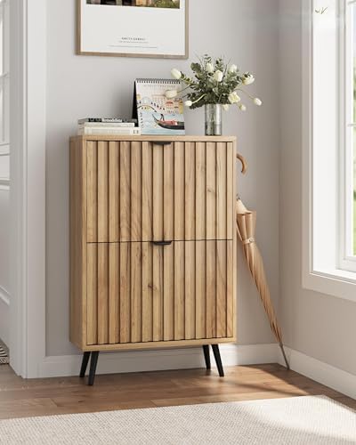 Shoe Storage Cabinet, Fluted Shoe Cabinet Storage for Entryway, Hidden Shoe Cabinet with Metal Legs,Shoe Organizer Cabinet with Flip Doors, Slim Entryway Shoe Storage Cabinet,Natural Wood-23.5in by SmartFENDEE