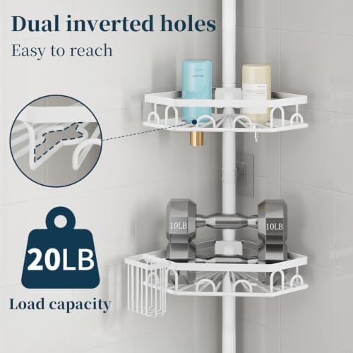 Consumest Shower Caddy Tension Pole - 4 Tier Corner Shower Shelves with Brush & Soap Holder, 304 Stainless Steel Rustproof Adjustable Organizer Rack for Bathtub, Bathroom, 27.6-108.3 Inch, White - Image 6