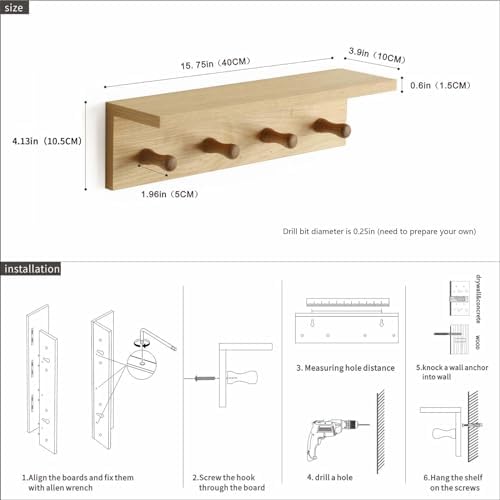 Entrance Coat Rack ，Coat Hooks, Wall-Mounted Wooden Hook Rack, Wall-Mounted Shelves(Oak Colored Finish—A-1) - Image 6