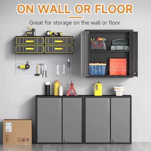Metal Garage Wall Cabinet with 2 Doors and 1 Adjustable Shelf,Lockable Floating Tool Cabinet with Pegboard,Steel Storage Cabinet for Kitchen,Office,Garage,Laundry,Warehouse(Black&Gray, 26"H) - Image 5