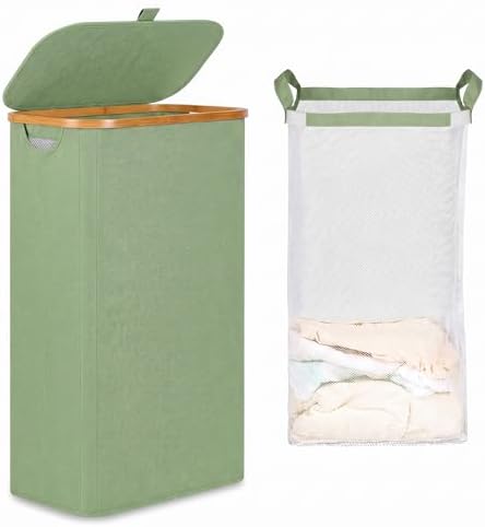 iEGrow 65L Slim Laundry Hamper, Narrow Laundry Basket with Lid,Foldable Clothes Hamper with Bamboo Frame,Hamper Basket with Removable Inner Bag for Laundry Room Bedroom College Dorm,17.17 Gals Green by iEGrow
