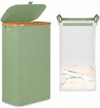 iEGrow 65L Slim Laundry Hamper, Narrow Laundry Basket with Lid,Foldable Clothes Hamper with Bamboo Frame,Hamper Basket with Removable Inner Bag for Laundry Room Bedroom College Dorm,17.17 Gals Green by iEGrow