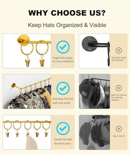Viklluyr Hat Organizer for Baseball Caps Hat Rack with 20 Hooks - Sturdy Metal Hat Storage Wall Mounted Caps Hanger Set of 2 for Closet Door Bedroom Entryway Laundry(Gold) - Image 3