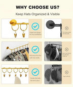 Viklluyr Hat Organizer for Baseball Caps Hat Rack with 20 Hooks - Sturdy Metal Hat Storage Wall Mounted Caps Hanger Set of 2 for Closet Door Bedroom Entryway Laundry(Gold) - Image 3