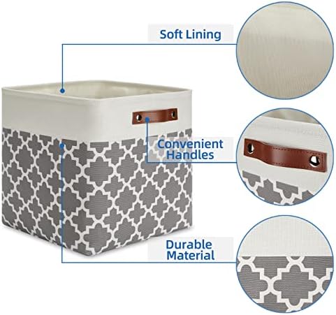 Temary 13ﾗ13ﾗ13 Foldable Storage Cube Baskets Fabric Cube Storage Basket for Organizing Cloth Storage Bins with Leather Handles for Gifts Empty, Closet (Grey Lattice) - Image 3