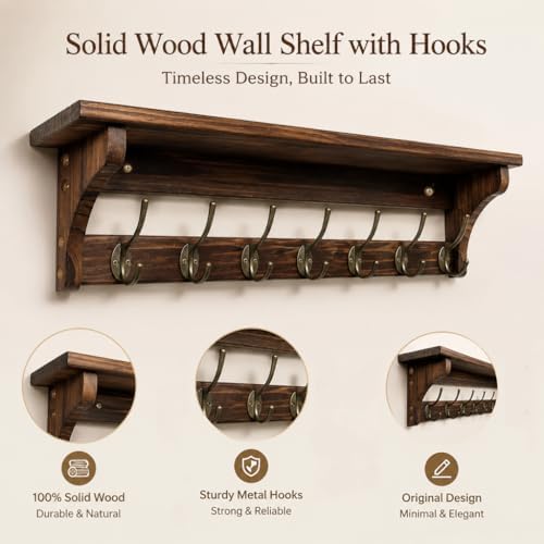 Wall Mounted Coat Rack with Shelf, Solid Wood & Bronze Metal Hooks – 31.1 Inch Entryway Organizer with 7 Hooks for Hanging Coats, Hats, Bags, Keys, Rustic Brown for Hallway，Bedroom（31.1 Inch） - Image 3