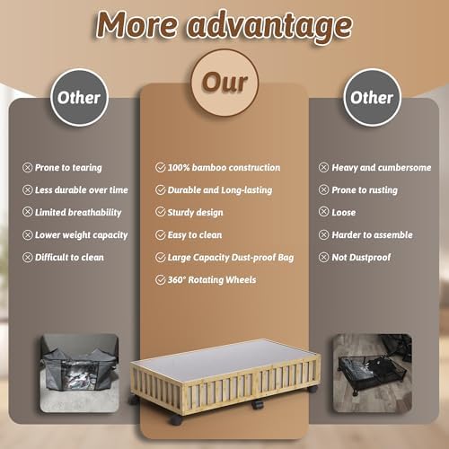 2 Pack Large Bamboo Under Bed Storage Containers with Wheels, Nature | Underbed Drawer Storage with Bag, Wood Rolling Underbed Organizer for Shoes, Sheets Clothes Blanket Comforter, Under Crib Toy - Image 5