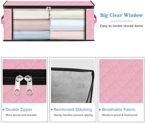 HomeHacks 3-Pack Clothes Organizer Storage Bags, 35L Storage Bins, Pink | Foldable Storage Box Container with Zippers, Clear Window, Reinforced Handles for Closet, Dorm, Pillows, Bedding, Sweater - Image 4