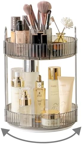Asayuee 360 Rotating Makeup Organizer,2 Tier Large Capacity Make Up Organizers and Storage,Skincare Perfume Vanity Organizers,Bathroom Cosmetics Storage Organizer Countertop(Grey) by Asayuee