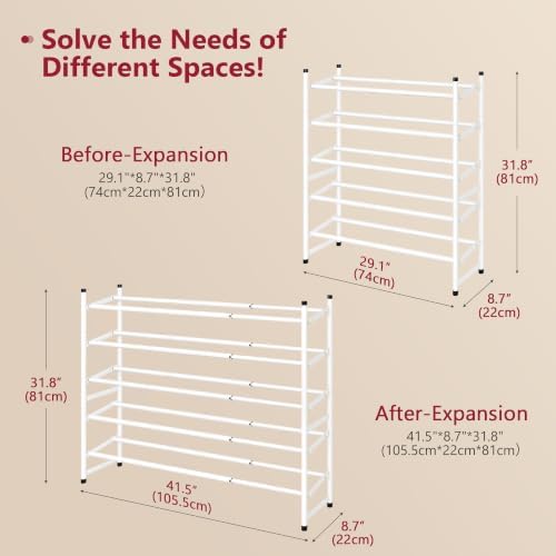 Tajsoon Expandable Shoe Rack for Closet 5 Tier, 28“-41“Stackable, White - Image 3