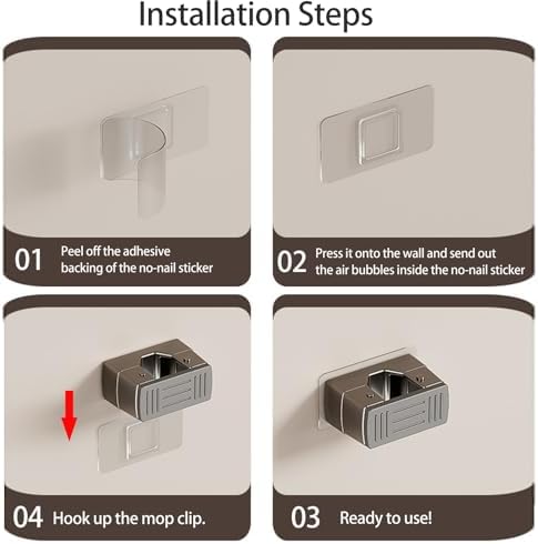4 Pack Broom Holder Wall Mount,Self Adhesive Anti-Slip Mop and Broom Holder Wall Mount for Kitchen, Bathroom, Closet, Garden Garage, Gray - Image 6
