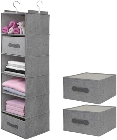 Large Hanging Sweater Organizer for Closet,Collapsible 6-Shelf Hanging Closet Shelves with Drawers, Washable (Grey-6 Shelf-2 d) by Unknown
