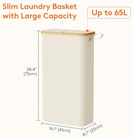 Lifewit 65L Slim Laundry Hamper with Lid and Removable Bag, White - Image 3