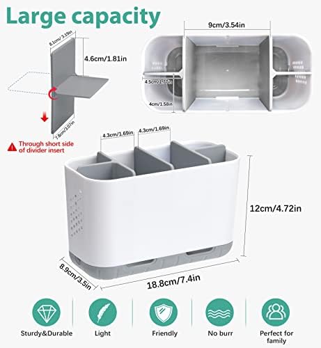 Boperzi Toothbrush and Toothpaste Holder Drainage for Bathroom Countertop with Adjustable Dividers, Large Toothpaste Caddy Organizer Storage Rustic Decor Set Anti-Slip for Shower,Family,Kids Gray - Image 5
