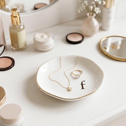 Ceramic Jewelry Tray, White Initial F Personalized Jewelry Dish - Image 4