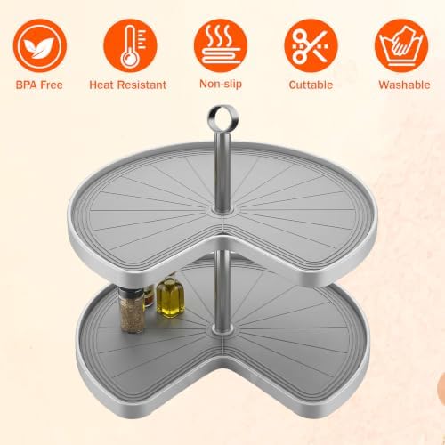 2 PCS 26.5" Lazy Susan Shelf Liner, Silicone Lazy Susan Liner, Non-Slip and Heat-Resistant, Dual Tier Pie Cut Organizer for Drawer Refrigerator Cupboard Cabinet Organizers(Gray) - Image 7