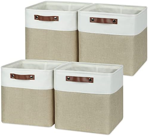 Temary Fabric Storage Baskets 12x12 Cube Bins 4 Pack Cloth Baskets for Shelf, Storage Cubes Bins Gift Empty (White&Khaki) by TEMARY