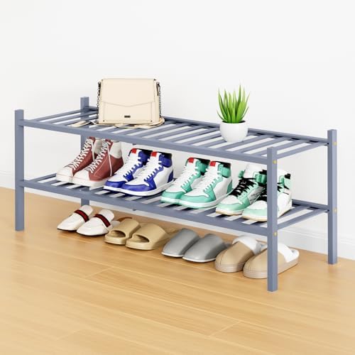 Smiry Bamboo Shoe Rack, 16 Vertical Slats, 2 Tier - 33.7" Wide, Grey by Smiry