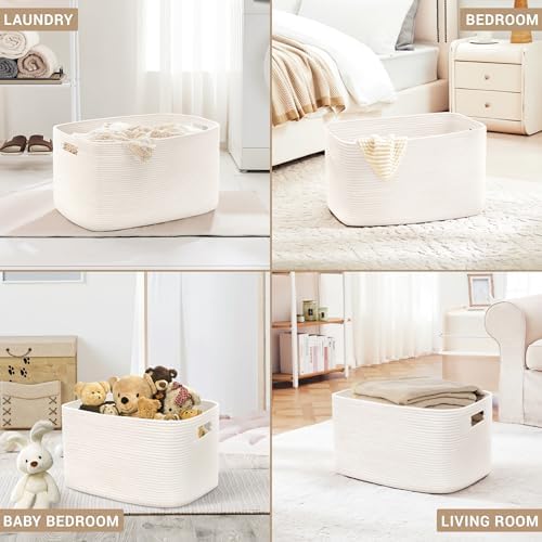 45L Small Woven Laundry Basket Hamper with Handles, White - Image 5