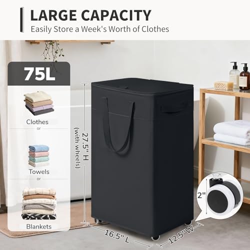 Goodpick 75L Rolling Laundry Basket with Wheels and Lid, Black - Image 3