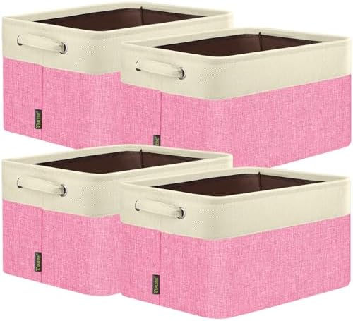 BALEINE 4 Pack Fabric Closet Storage Bins for Shelves, Linen Closet Organizers and Storage, Decorative Baskets for Organizing, Shelf, Clothes, Home, Office (Pink, 12"x8"x8") by BALEINE