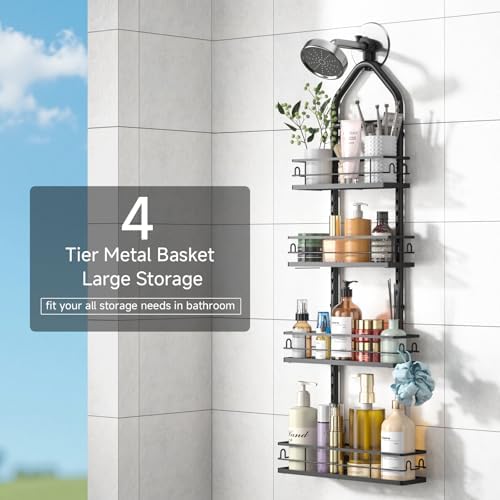 4 Tier Shower Caddy Hanging, Adjustable Shower Overhead Caddy Rustproof, No Drilling Standing Shower Caddy Handing Shower Racks for Bathroom Shampoo Soap Storage - Image 6