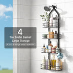 4 Tier Shower Caddy Hanging, Adjustable Shower Overhead Caddy Rustproof, No Drilling Standing Shower Caddy Handing Shower Racks for Bathroom Shampoo Soap Storage - Image 6