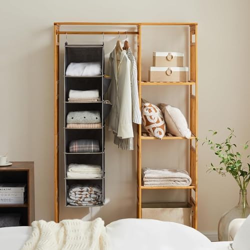 YOUDENOVA Hanging Closet Organizer and Storage, 6-Shelf, Grey | Dorm Room Essentials for Guys, Clothes Organizer with 2 Side Pockets, Hanging Shelves for Closet Storage, Breathable Fabric - Image 2