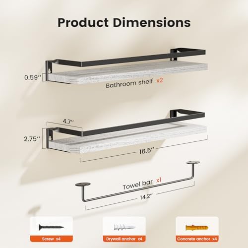 Amada Bathroom Shelves with Towel Bar, Set of 2, White - Image 3