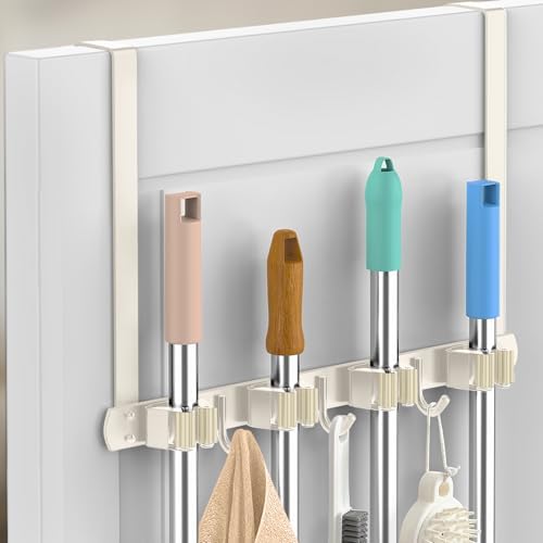 Broom Holder Over The Door with Hooks -304 Stainless Steel (light beige) by PrimZootyDesign