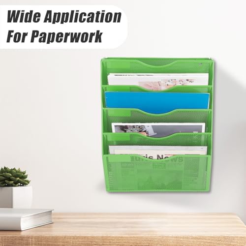 EASEPRES 5 Pocket Mesh Hanging Wall File Organizer, Wall Mounted Mail Paper Document Folder Holder, Clipboard Storage Organization Magazine Rack with Nametag Label for Office Home School, Green - Image 6