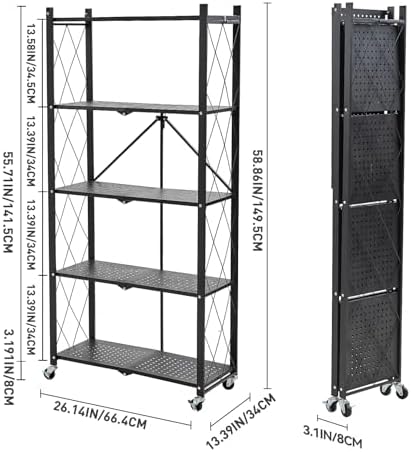 BRIAN & DANY 5-Tier Foldable Storage Shelves with Wheels, Folding Metal Rack Shelving Unit, Heavy Duty No Assembly Organizer Shelf for Garage, Kitchen, Basement, Pantry, Black - Image 3
