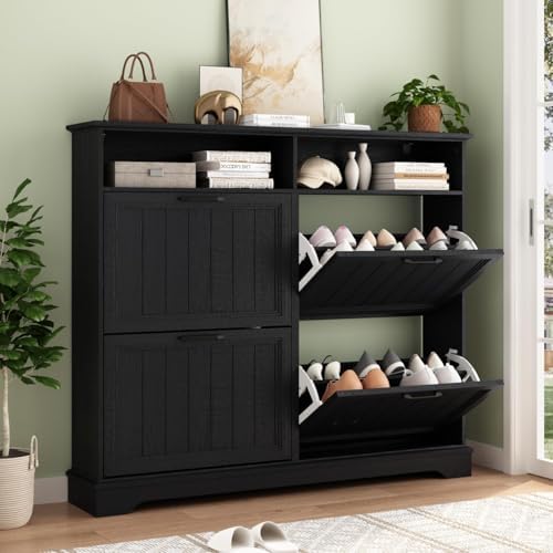 Hidden Shoe Storage Cabinet with 4 Flip Drawers & Open Storage by WINWY