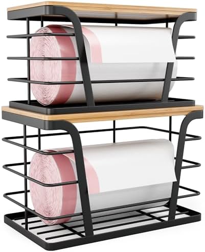 TIDIIABODE 2 Pack Stackable Storage Laundry Kitchen Organizers, Wall Mount Trash Bag Holder with Bamboo Top and Garbage Bag Dispenser No Drill by TrashBagHolder