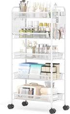 KINGRACK 5 Tier Rolling Cart, Metal Utility Storage Cart with Pegboard | Screwless Assembly, Lockable Wheels, 4 Hooks & 1 Bin, Mobile Organizer for Bathroom Kitchen Office Craft Room Laundry, White by KINGRACK