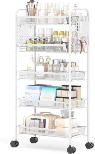 KINGRACK 5 Tier Rolling Cart, Metal Utility Storage Cart with Pegboard | Screwless Assembly, Lockable Wheels, 4 Hooks & 1 Bin, Mobile Organizer for Bathroom Kitchen Office Craft Room Laundry, White by KINGRACK