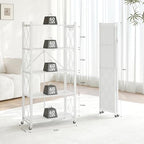 Fenbeli Foldable Shelves with Wheels - 5 Tier Folding Shelf, Collapsible No Assembly Metal Shelving Unit, Origami Storage Shelves & Rolling Storage Rack with 8 Hooks for Kitchen Pantry Garage - Image 3