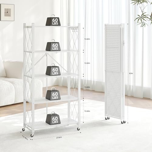 Fenbeli Foldable Shelves with Wheels - 5 Tier Folding Shelf, Collapsible No Assembly Metal Shelving Unit, Origami Storage Shelves & Rolling Storage Rack with 8 Hooks for Kitchen Pantry Garage - Image 3
