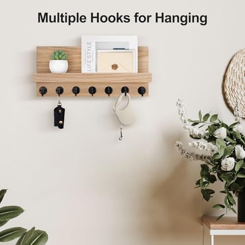 Lwenki Key Holder Wall Mount, Entryway Key and Mail Holder with 7 Sturdy Hooks for Sunglasses, Dog Leash, Decorative Wall Shelf with Mounting Hardware, 15”W x 6.7”H x 4.2”D (Wood) - Image 4