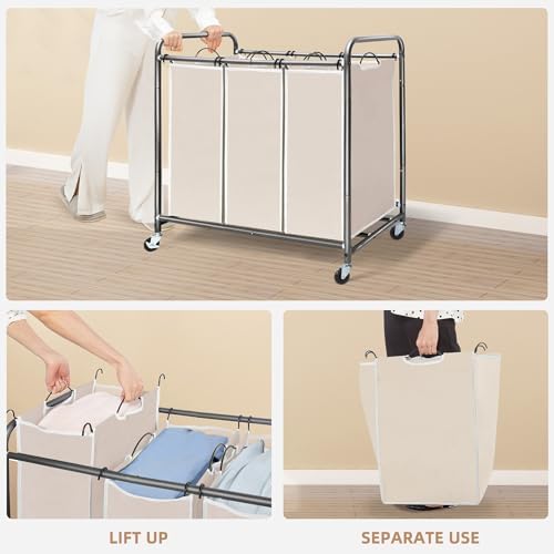 STORAGE MANIAC 3 Section Laundry Sorter, 35.6 Gal (135 L) Laundry Hamper Cart with Heavy Duty Rolling Lockable Wheels and Removable Bags, Clothes Organizer Basket Separator Hamper, Beige - Image 4