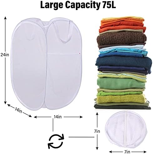 BATTOO Deluxe Strong Mesh Pop up Laundry Hamper Basket with Side Pocket Foldable Hamper for Laundry Room, Bathroom, Kids Room, College Dorm or Travel Grey + White - Image 2