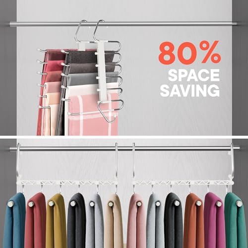 Campior Space Saving Pants Hangers 4 Pack, 6 Layer Jeans Hangers and Closet Organizer for Jeans, Scarves, & Skirts, Multi-Layer Hanger with Anti-Slip Stopper, Heavy-Duty S-Type Stainless Steel, White - Image 3