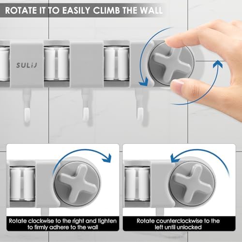 Broom Holder Wall Mount Sturdy Mop and Broom Organizer with 4 Racks and 5 Hooks Vacuum Suction Cup Broom Mop Holder for Home, kitchen, Garden, Tools, Garage (grey) - Image 2