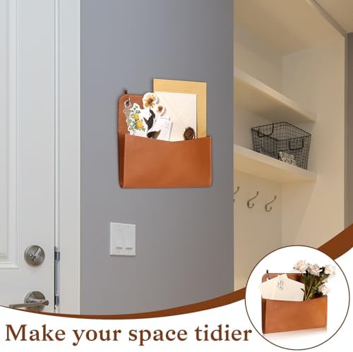 3 Pcs PU Leather Mail Holder Wall Mount 9.8x7.7 Inch Brown Letter Holder Vintage Hanging Mail Organizer 2 Ring Bill Organizer for Wall Decor Storage Letter Postcards Bill Flowers Office Home - Image 6