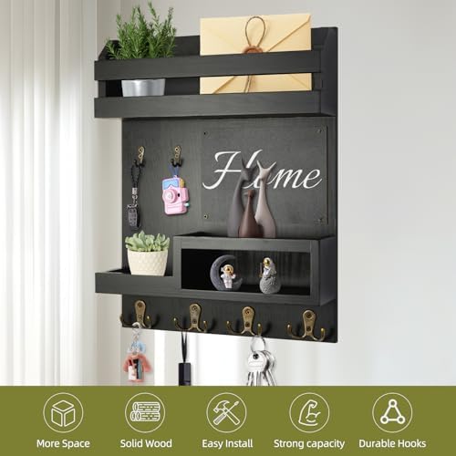 Large Key and Mail Holder Wall Mount, 12.5x16.5 Inch Solid Wood Key Racks for Entryway, Front Door, Hallway, Wall Organizer (Matte Black) - Image 4