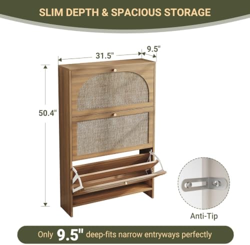 Nicetree Rattan Arched Accent Shoe Storage Cabinet - Freestanding Ultra Slim for Entryway, 3 Flip Drawers & 3-Tier Adjustable Shelves, Farmhouse Modern Rustic Shoe Rack for Hallway, Foyer, Living Room - Image 2
