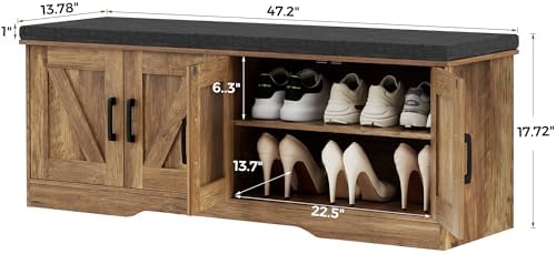 HOMSHO Farmhouse Shoe Storage Bench with 4 Barn Doors & Padded Seat Cushion - Image 3